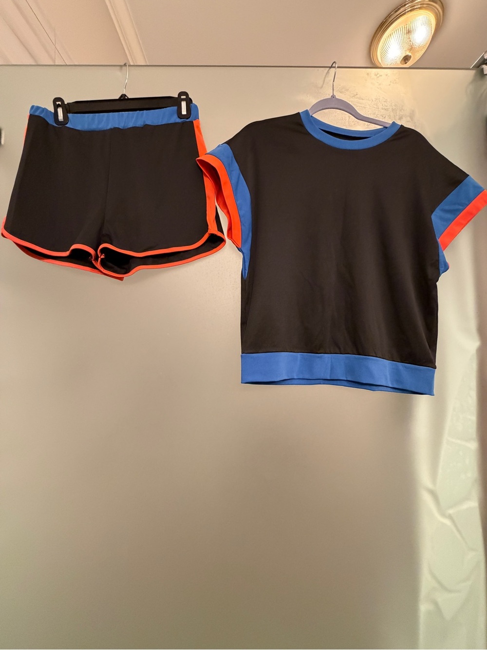 Black Cropped Tee & Shorts Set with Blue and Orange Trim